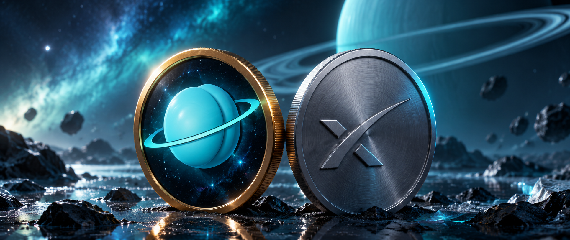 UrAnus and SPCXB coins on an icy alien landscape